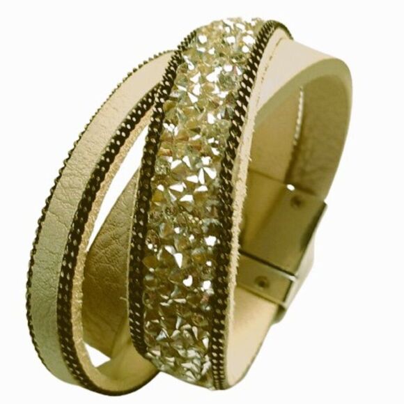 Triple-Wrap Bracelet Cream-Colored Leather with Sparkly Embellishments - Picture 2 of 9